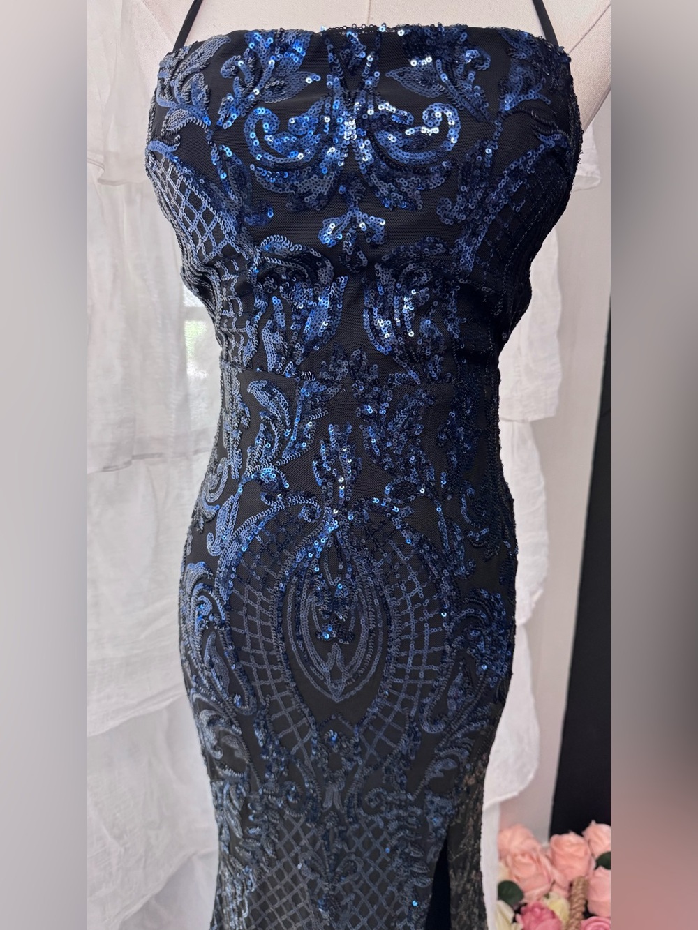Windsor Navy Sequin Halter Gown with Thigh Slit - Picture 11 of 16